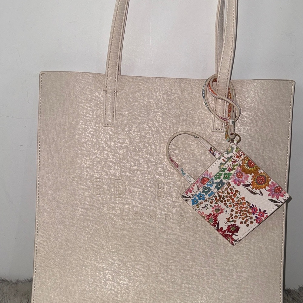Ted Baker Cream Leather Tote with Floral Cardholder Charm